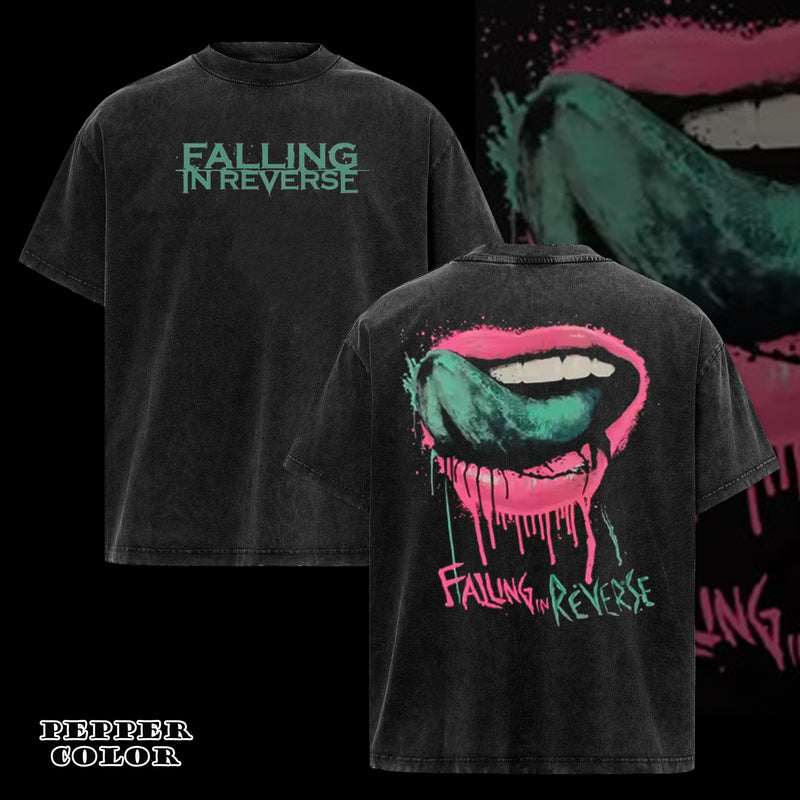 Retro Falling in Reverse Band Lips Short Sleeve T Shirt