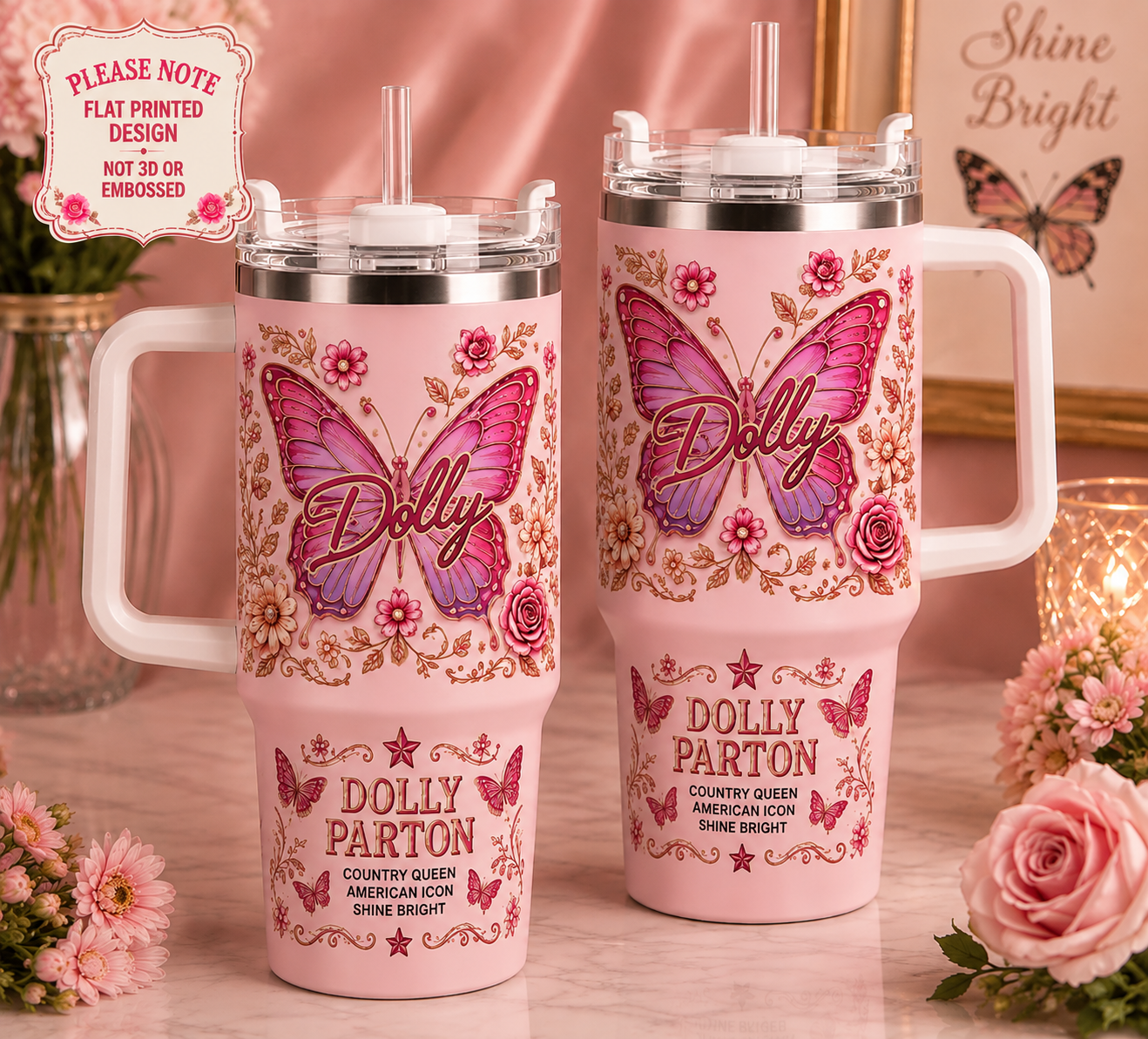 40oz Dolly Parton 80th Anniversary Tumbler with Handle and Straw