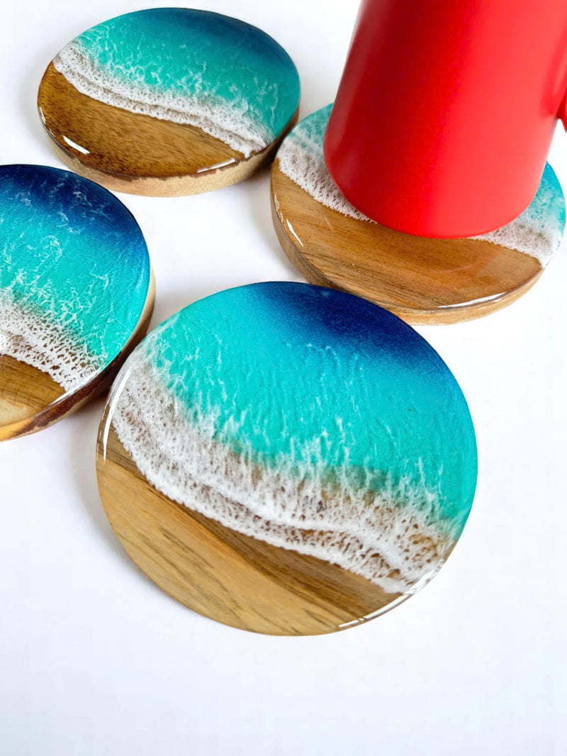 Ocean Wave Resin Wood Coasters, Beach Drink Coaster Set, Epoxy Wood Coasters, Round Cup Mat for Home & Office, Handmade Gift, Father's Day