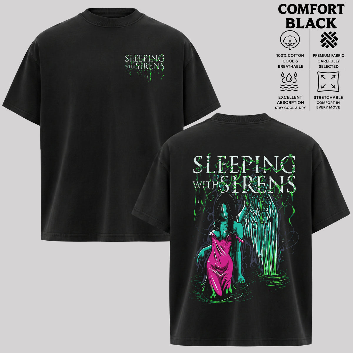Sleeping With Sirens Band T-Shirt, Two-Sided Waterfall Graphic Rock Tee