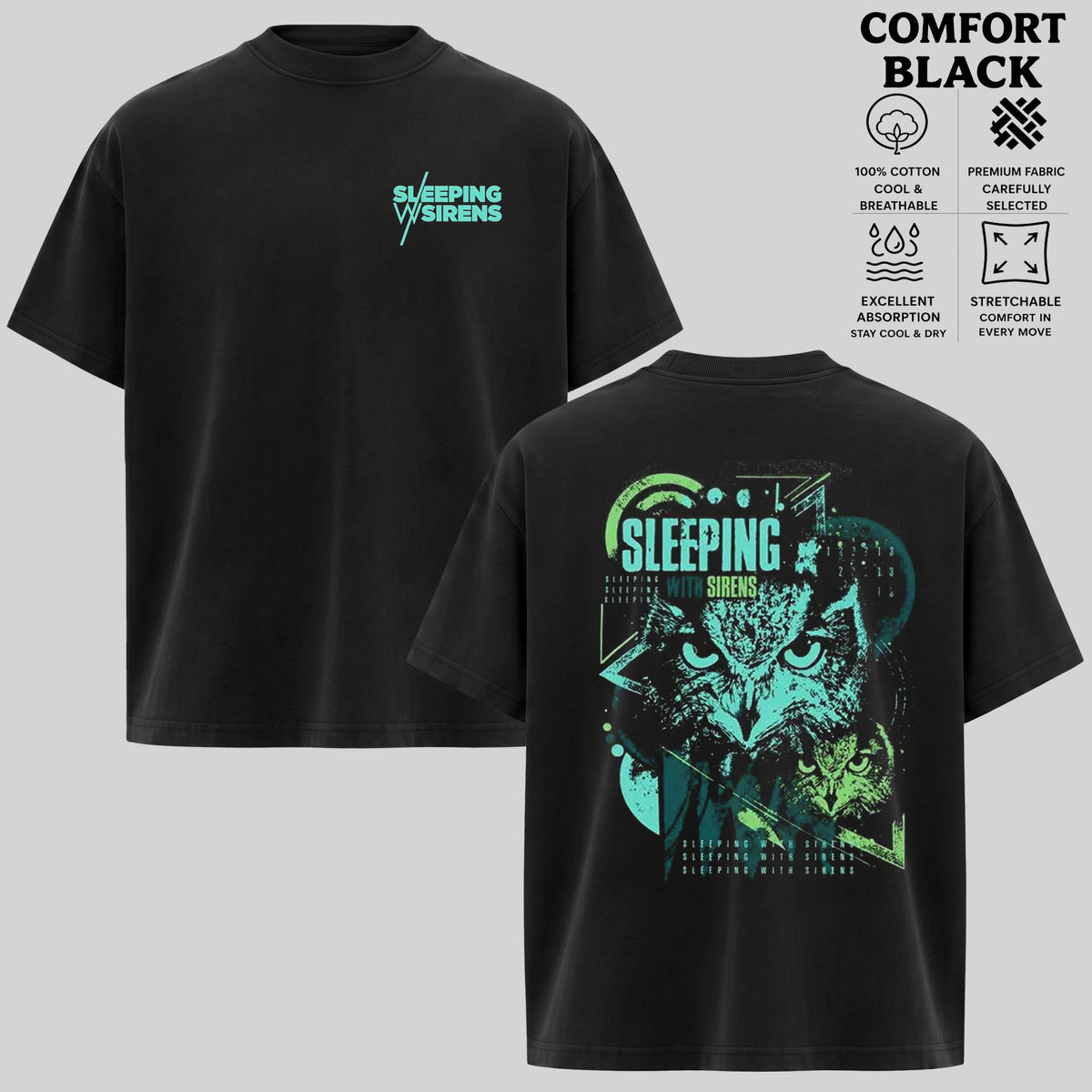 Sleeping With Sirens Band T-Shirt, Two-Sided Owl Graphic Rock Tee