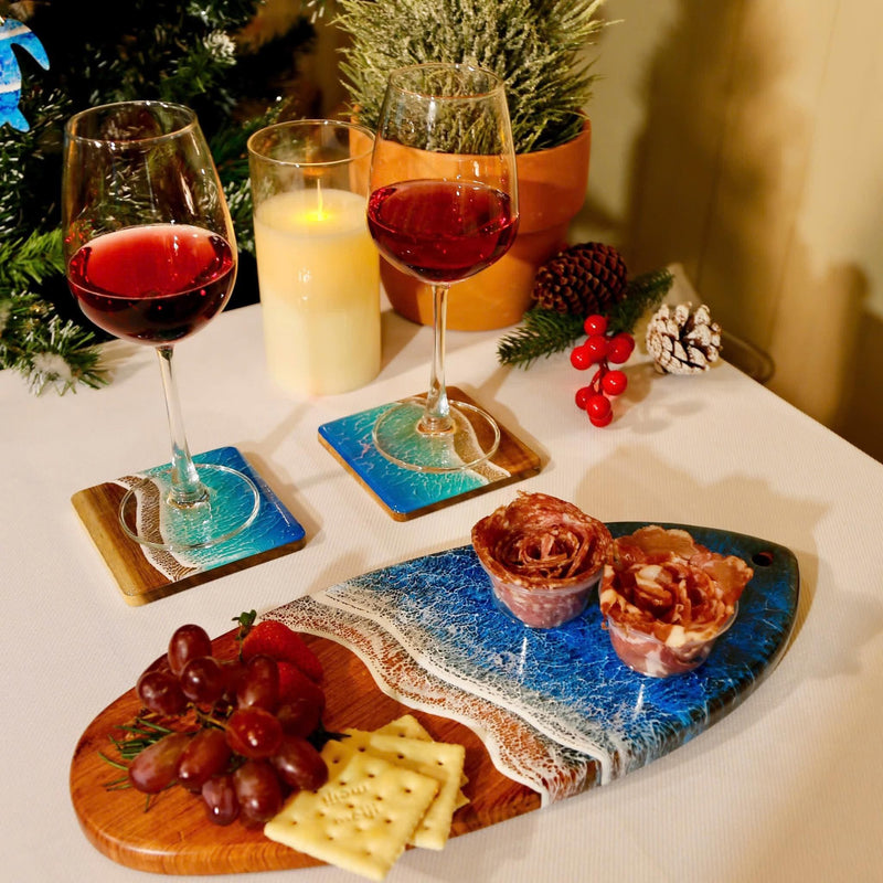 Ocean Wave Resin Wood Coasters, Beach Drink Coaster Set, Epoxy Wood Coasters, Round Cup Mat for Home & Office, Handmade Gift, Father's Day