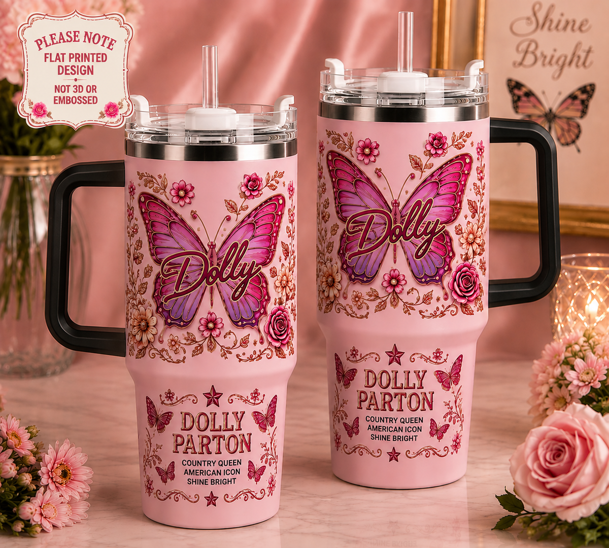 40oz Dolly Parton 80th Anniversary Tumbler with Handle and Straw