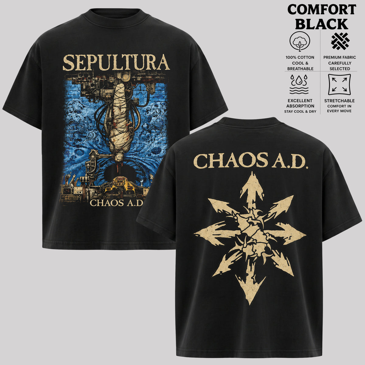 Sepultura Chaos A.D. Graphic T-Shirt, Blue Gold Album Artwork Tee