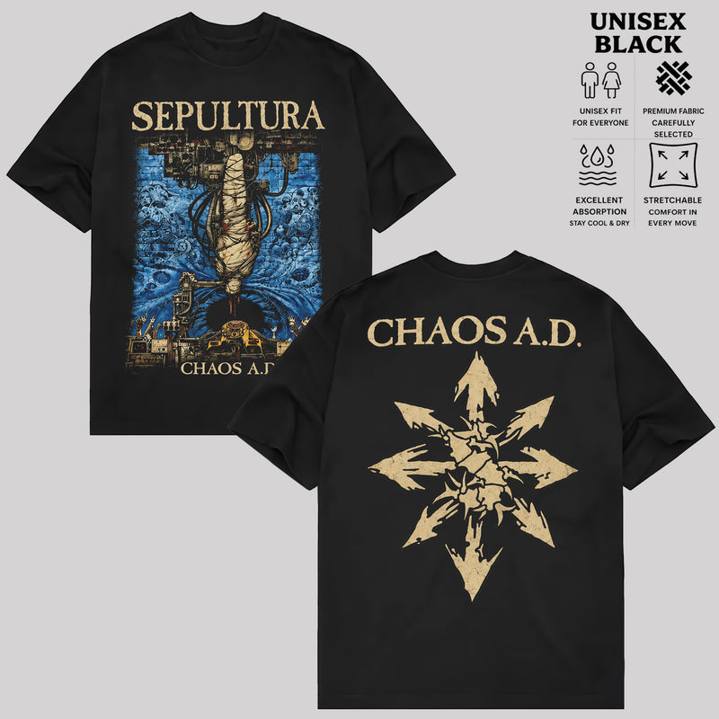 Sepultura Chaos A.D. Graphic T-Shirt, Blue Gold Album Artwork Tee