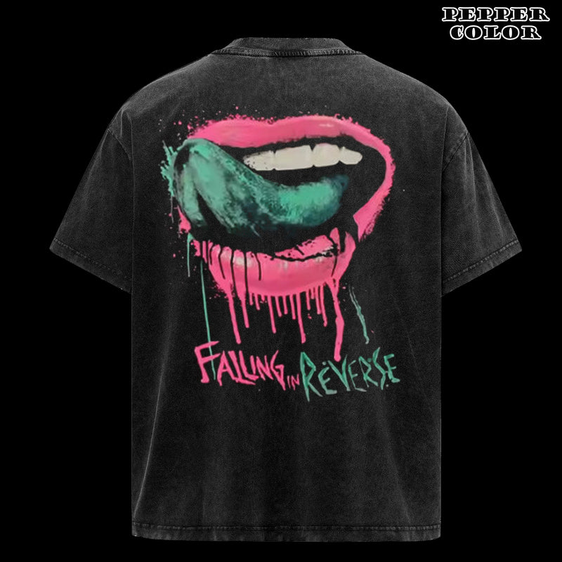 Retro Falling in Reverse Band Lips Short Sleeve T Shirt