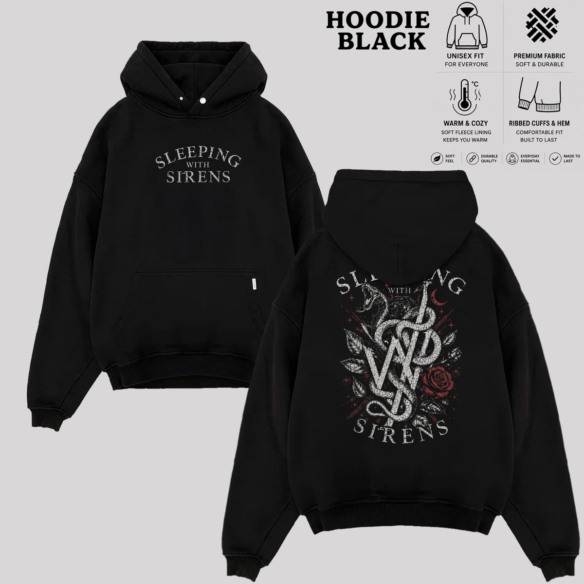 Sleeping With Sirens Rock Band T-Shirt, Snake & Rose Graphic Tee
