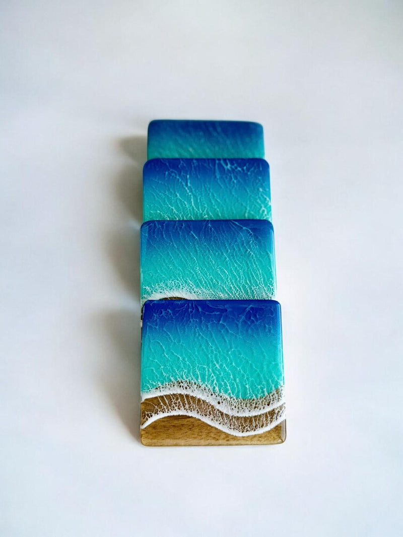 Ocean Wave Resin Wood Coasters, Beach Drink Coaster Set, Epoxy Wood Coasters, Round Cup Mat for Home & Office, Handmade Gift, Father's Day